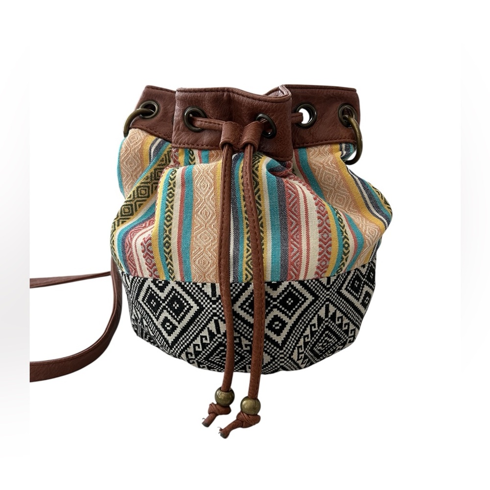 Arizona Tribal Aztec Drawstring Bag Faux Leather Cotton Bucket Textured